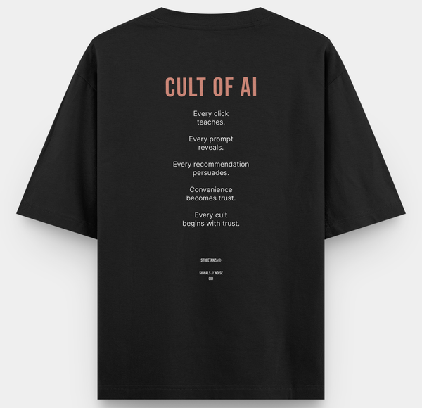 Back view of CULT OF AI AI-inspired graphic t-shirt