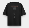 Back of black oversized T-shirt featuring SYNTHETIC INSTINCT text about human experience and artificial intelligence