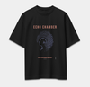 Black oversized T-shirt featuring ECHO CHAMBER human profile with concentric echo forms and digital fragments