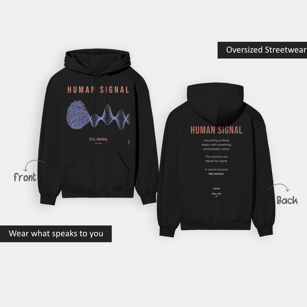 HUMAN SIGNAL oversized hoodie featuring lavender fingerprint-to-waveform artwork in the front and text at the back