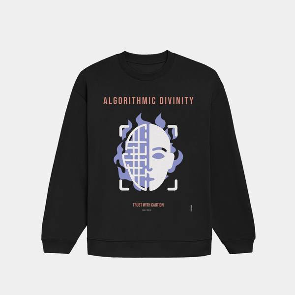 ALGORITHMIC DIVINITY oversized sweatshirt featuring a split human and algorithmic face graphic