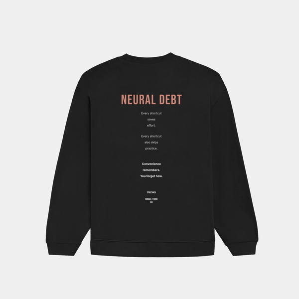 Back of NEURAL DEBT sweatshirt featuring conceptual text about convenience, technology, and practice