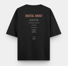 Back of black oversized T-shirt featuring DIGITAL GHOST conceptual text about digital memory, clicks and online patterns