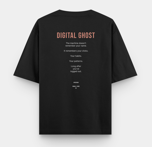 Back of black oversized T-shirt featuring DIGITAL GHOST conceptual text about digital memory, clicks and online patterns