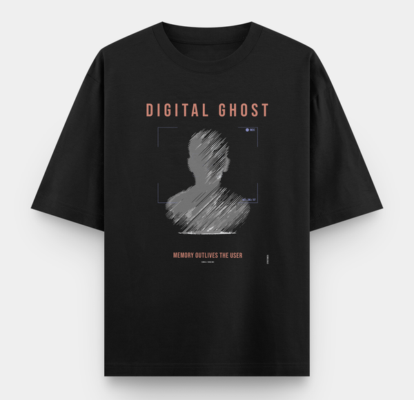 Black oversized T-shirt featuring DIGITAL GHOST glitch graphic with ghost figure and digital recording elements