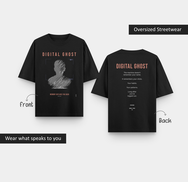 DIGITAL GHOST glitch graphic printed on black oversized cotton T-shirt Front and Back