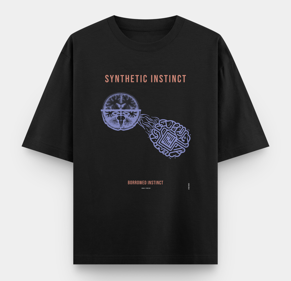 Black oversized T-shirt featuring Synthetic Instinct human and AI brain graphic