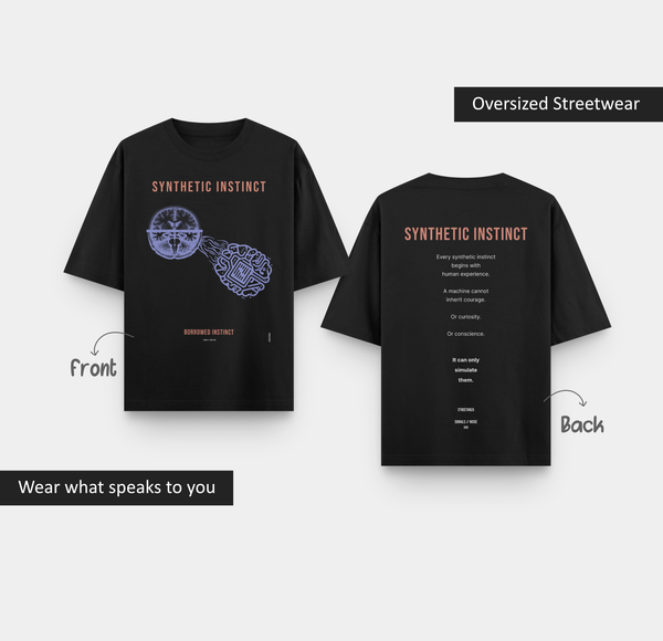SYNTHETIC INSTINCT oversized black graphic T-shirt from the SIGNALS // NOISE collection Front and Back