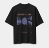 Black oversized T-shirt featuring MEMORY LEAK fingerprint and digital fragments graphic