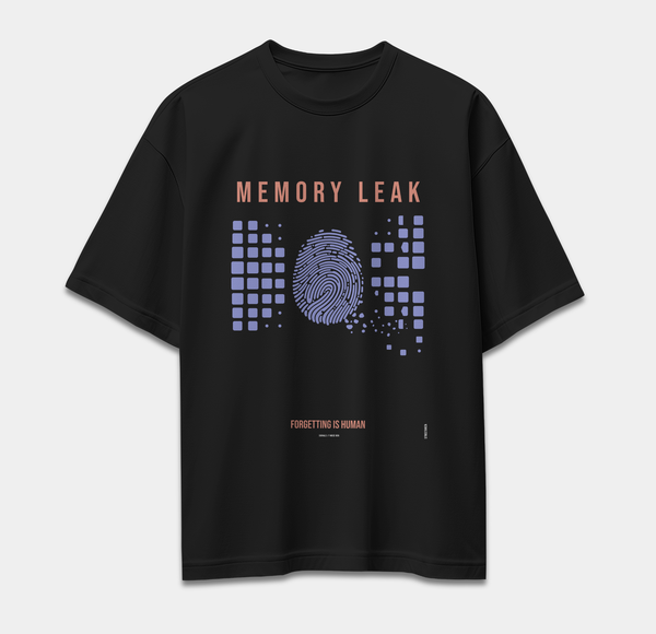 Black oversized T-shirt featuring MEMORY LEAK fingerprint and digital fragments graphic