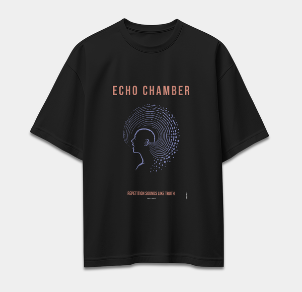 Black oversized T-shirt featuring ECHO CHAMBER human profile with concentric echo forms and digital fragments