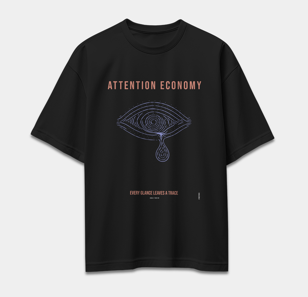 Black oversized T-shirt featuring ATTENTION ECONOMY eye graphic surrounded by digital information