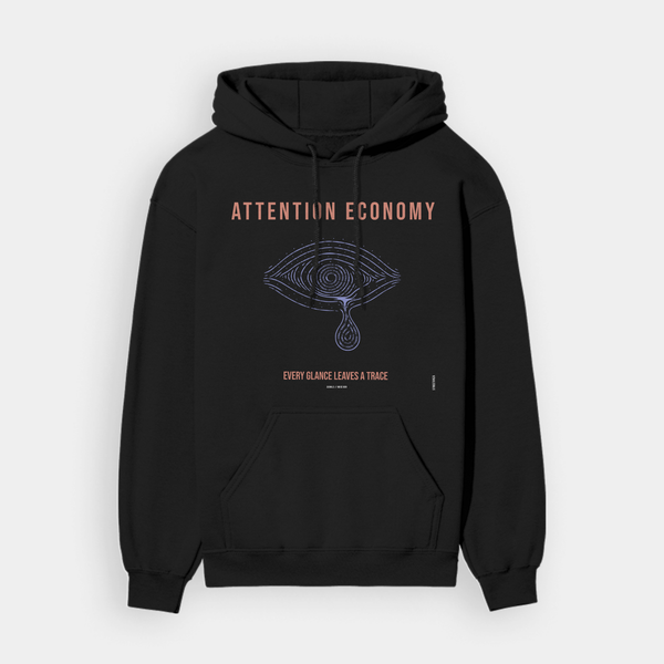Front of STREETANZA ATTENTION ECONOMY 009 oversized black hoodie with eye graphic