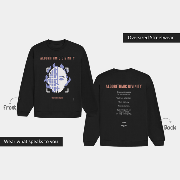 Front and Back of Black ALGORITHMIC DIVINITY oversized sweatshirt from the STREETANZA SIGNALS NOISE collection