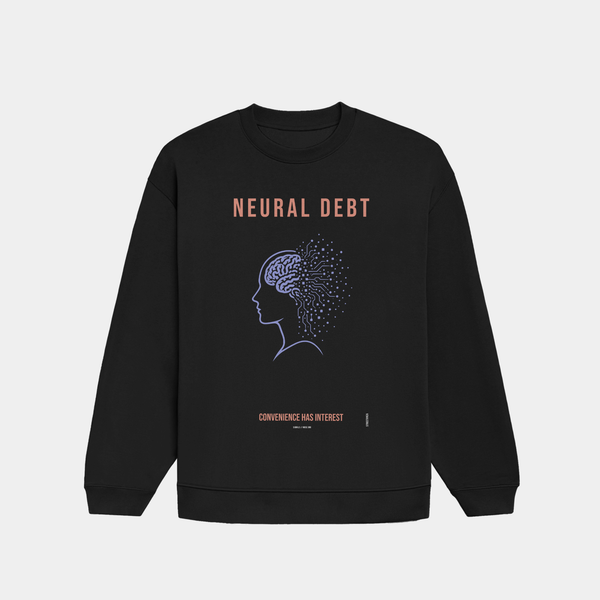 Front of NEURAL DEBT oversized sweatshirt featuring a human profile transitioning into neural circuitry