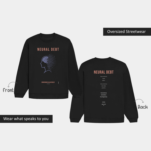 Front and Back of Black NEURAL DEBT oversized sweatshirt from the STREETANZA SIGNALS NOISE collection